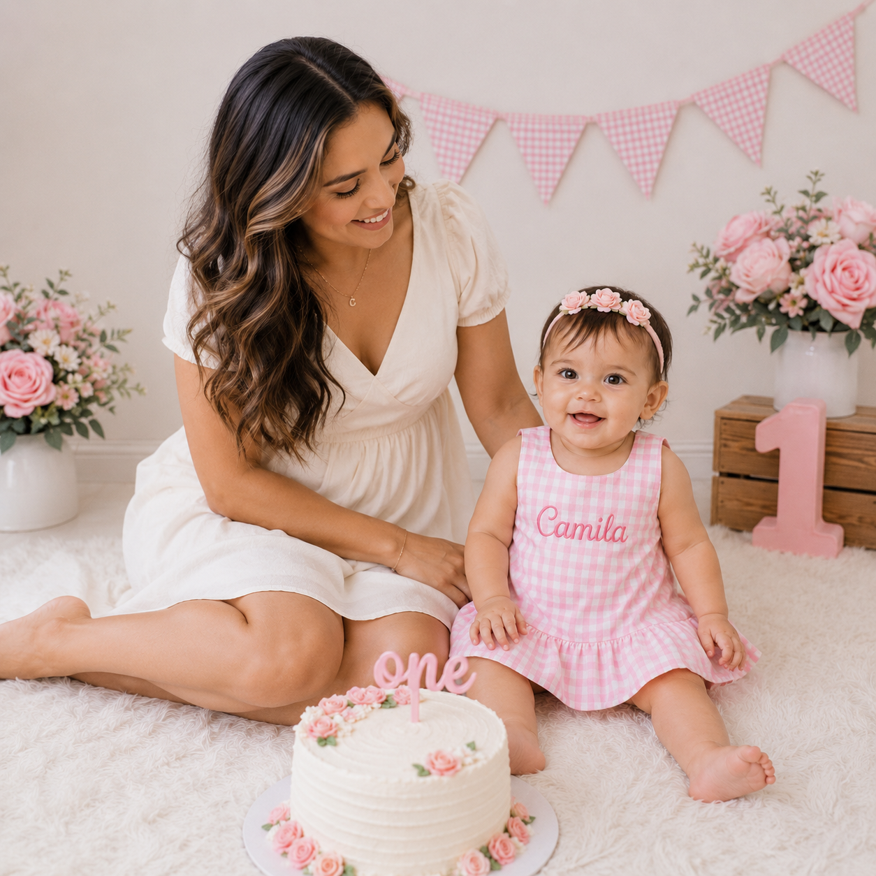 Personalized Pink Gingham First Birthday Dress for Baby Girl