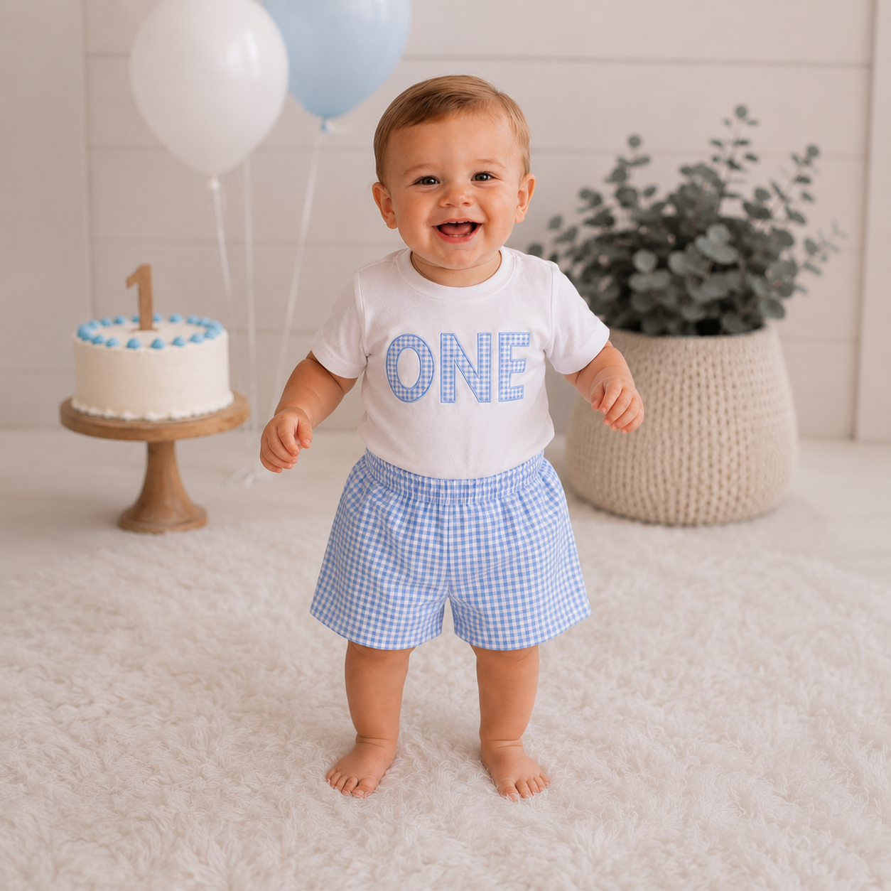 Baby Boy First Birthday Blue Gingham ONE Outfit