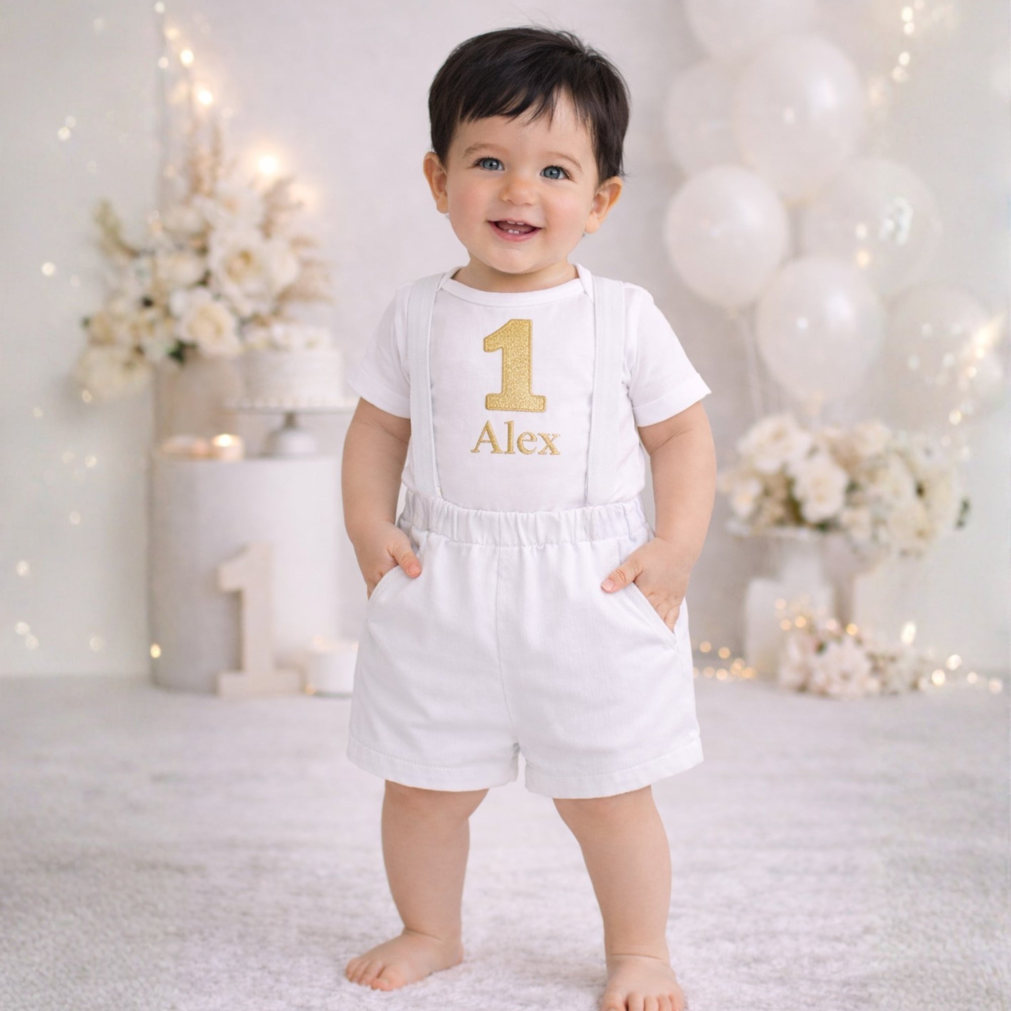 Boys First Birthday Outfit, White Gold Crown Bodysuit, Personalized Name Shorts Set
