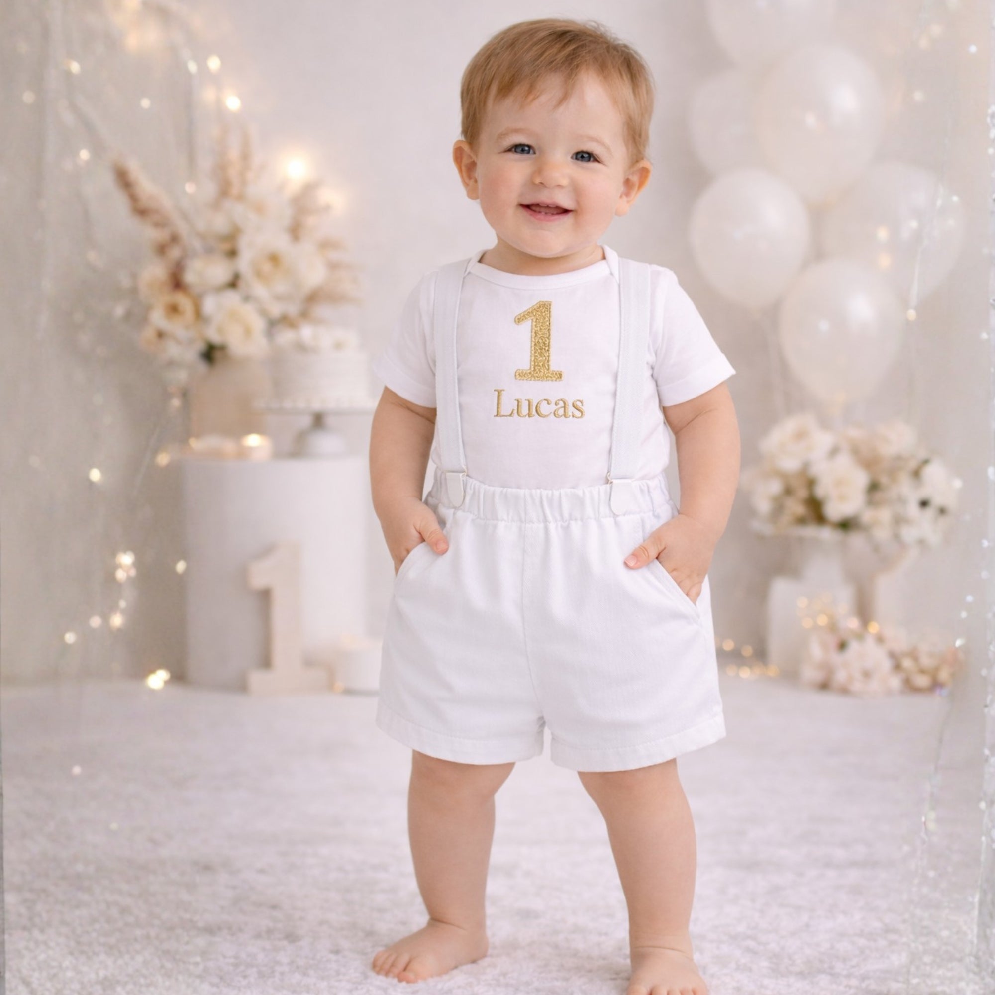 Boys First Birthday Outfit, White Gold Crown Bodysuit, Personalized Name Shorts Set