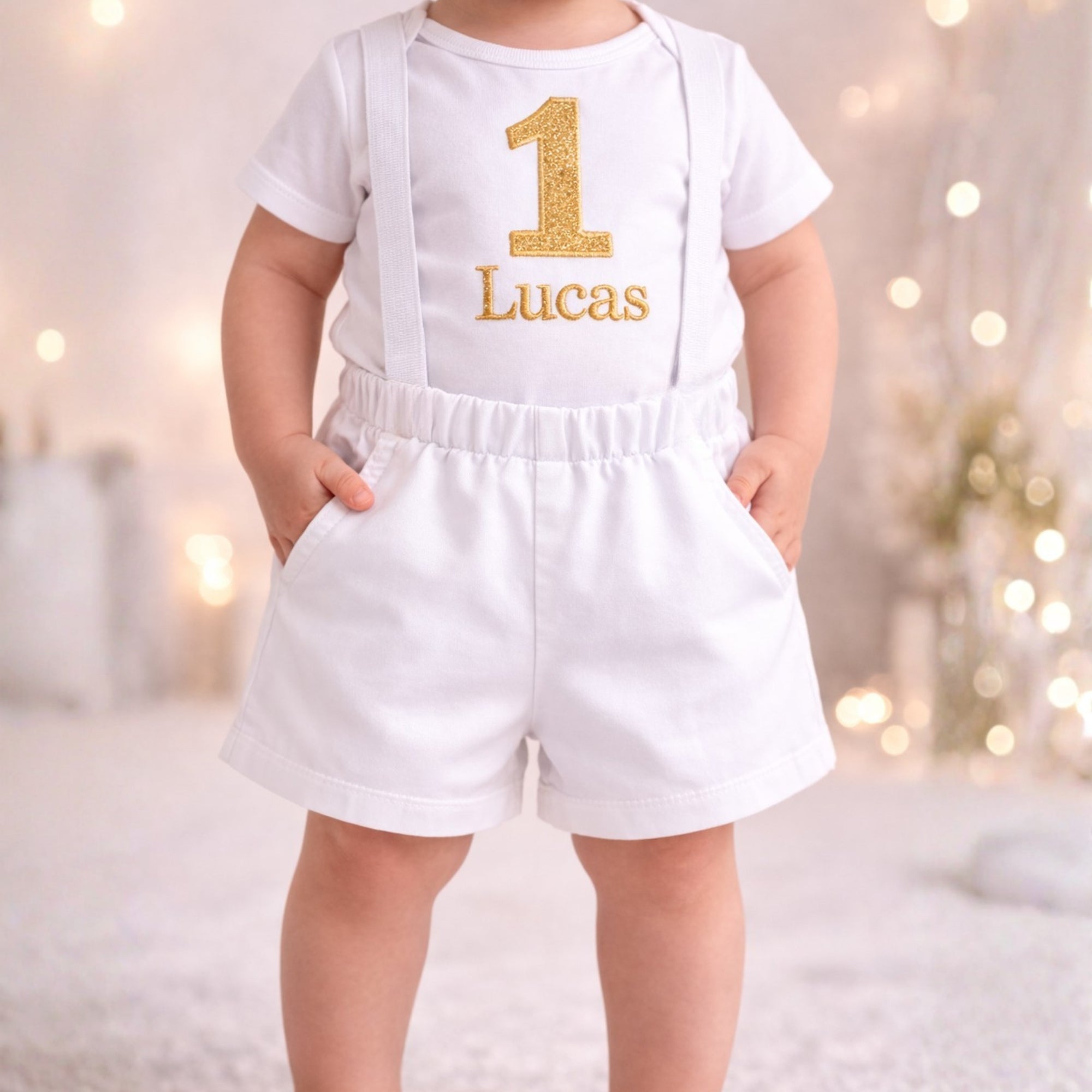 Boys First Birthday Outfit, White Gold Crown Bodysuit, Personalized Name Shorts Set