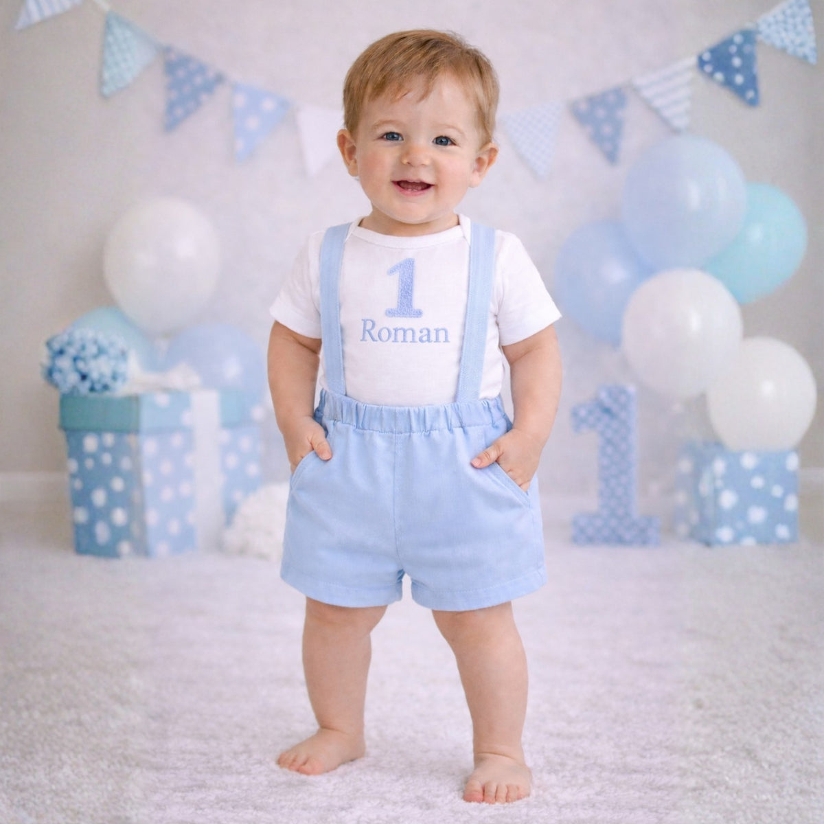 Baby Boy First Birthday Outfit – Personalized Blue Suspender Shorts Set