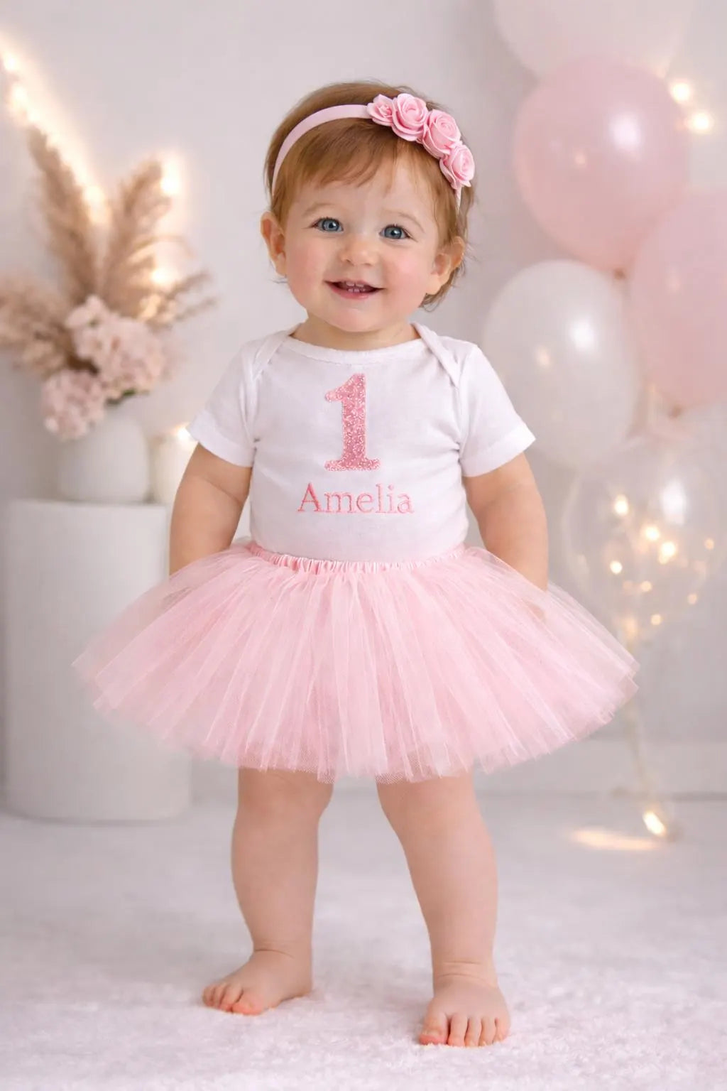 Pink First Birthday Tutu Outfit Girl – Personalized 1st Birthday Bodysuit with Name