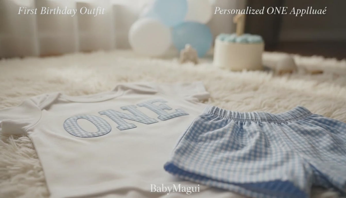 Baby Boy First Birthday Blue Gingham ONE Outfit