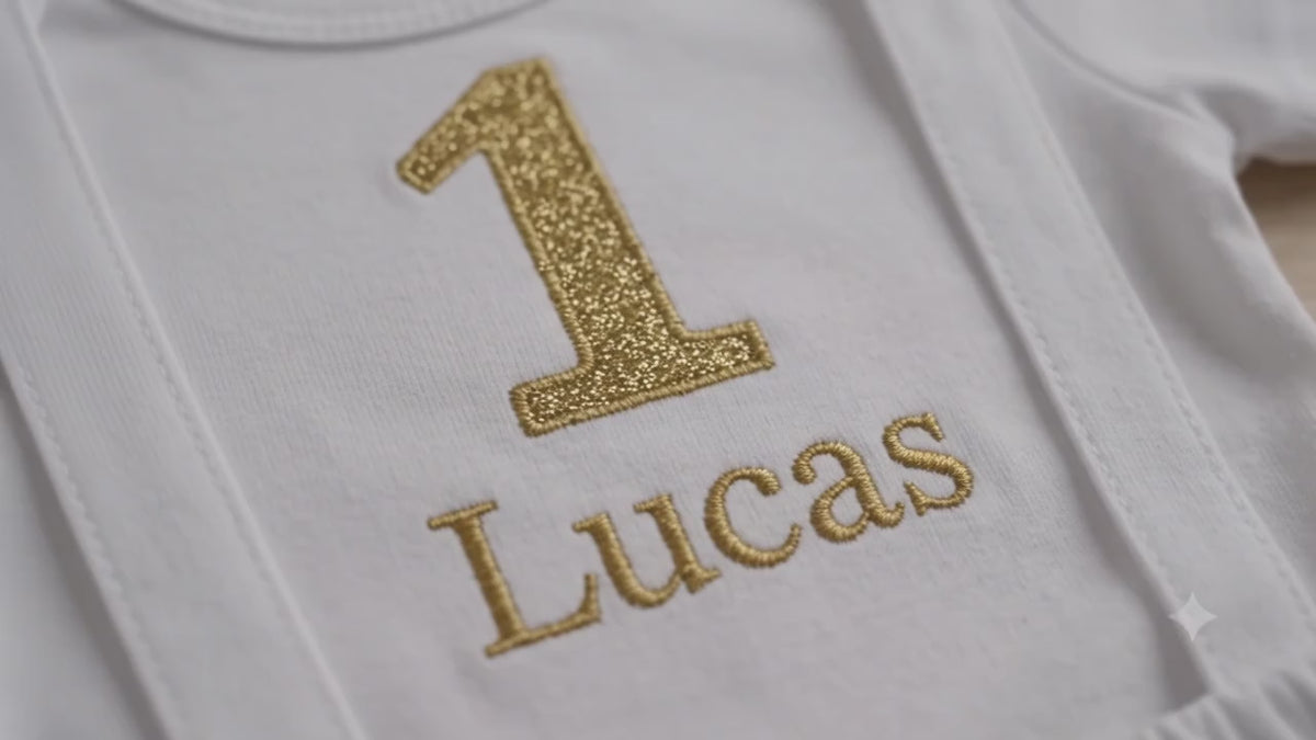 Boys First Birthday Outfit, White Gold Crown Bodysuit, Personalized Name Shorts Set