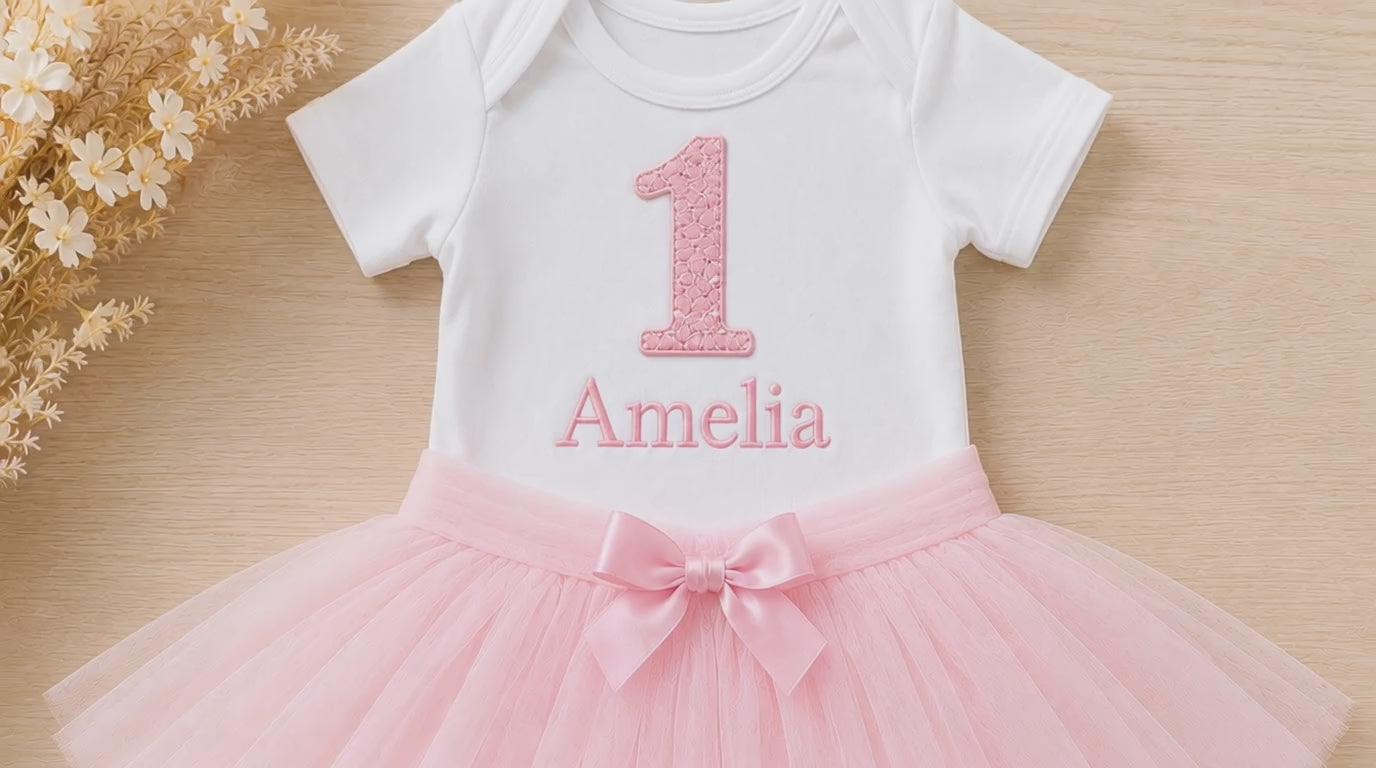 Pink First Birthday Tutu Outfit Girl – Personalized 1st Birthday Bodysuit with Name